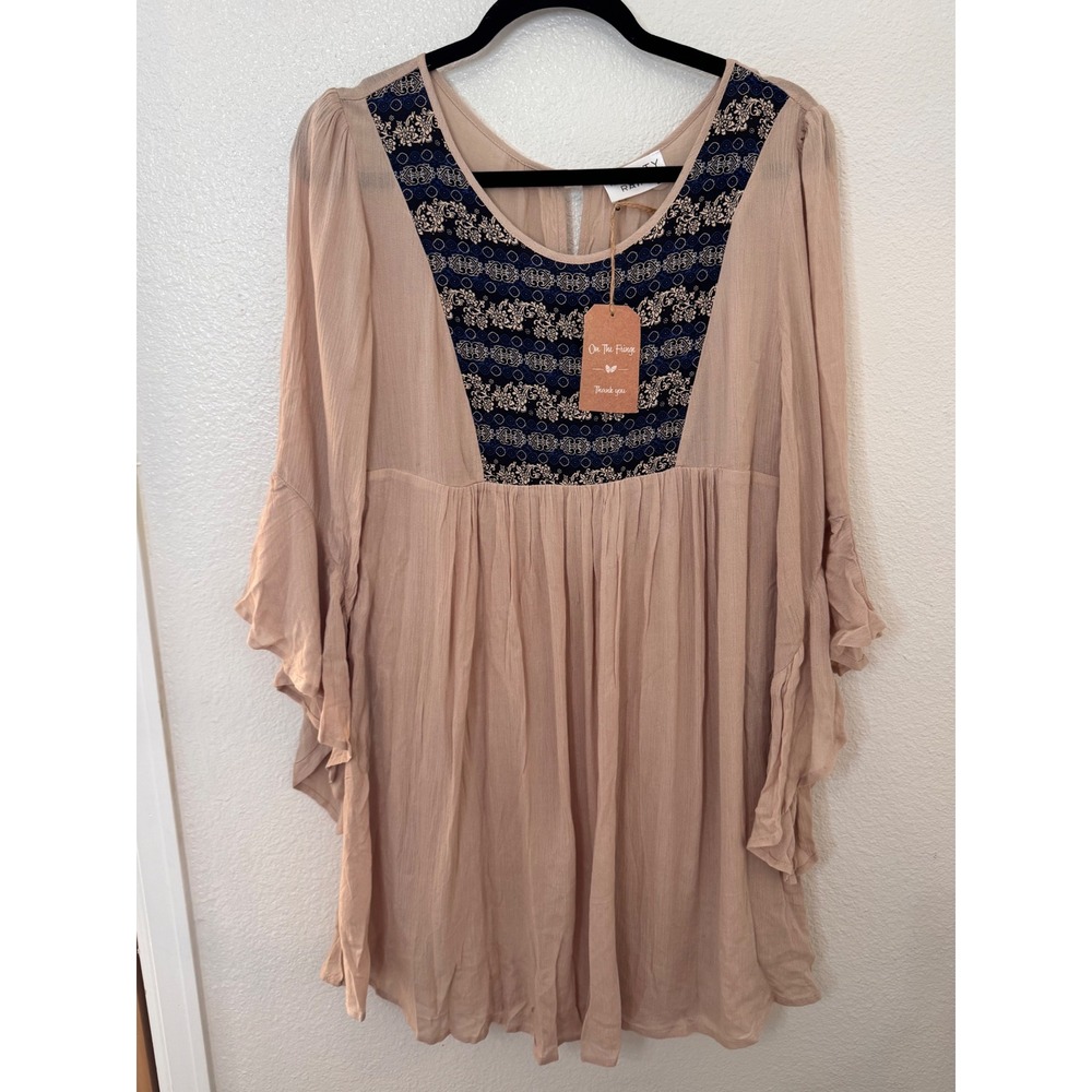 Infinity Rain Tan Embroidered Bib Babydoll Tunic Top Bell Sleeve L 72895